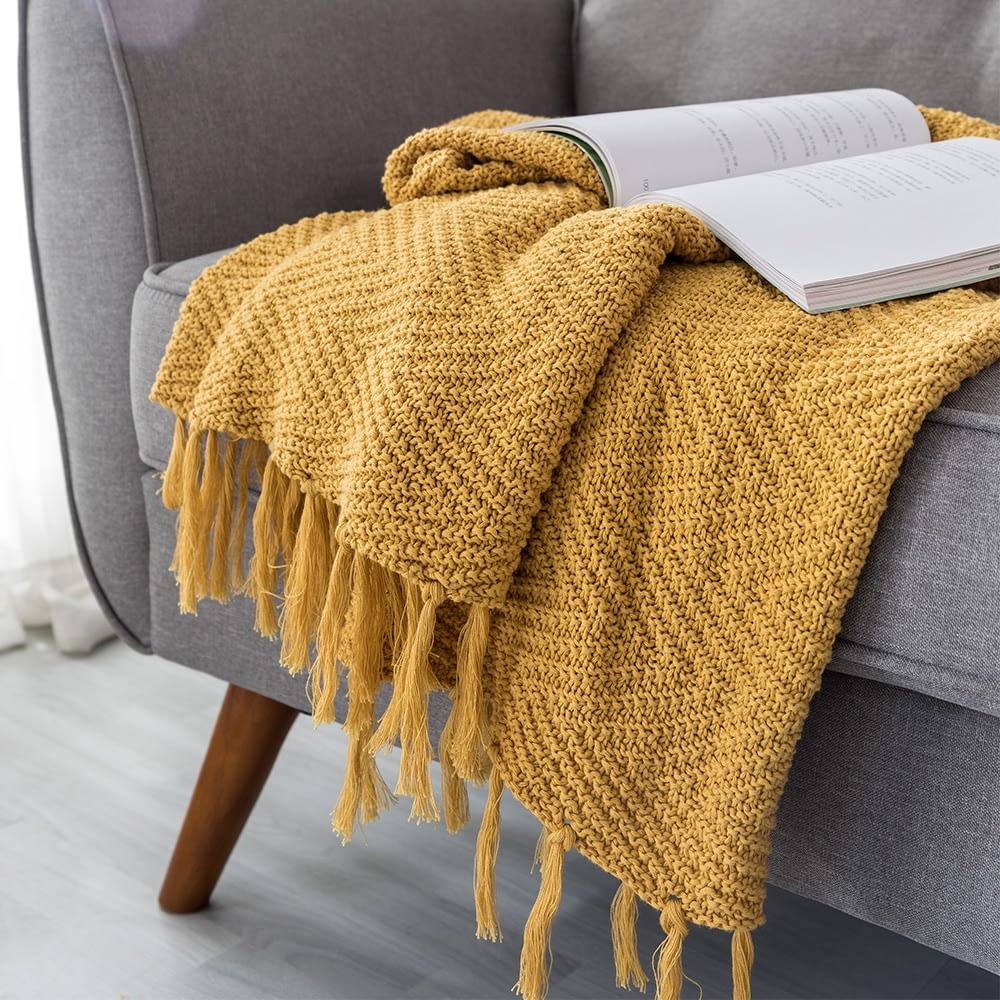 Blanket Sofa Cover Throw Mustard Yellow With Tassel Chikponana