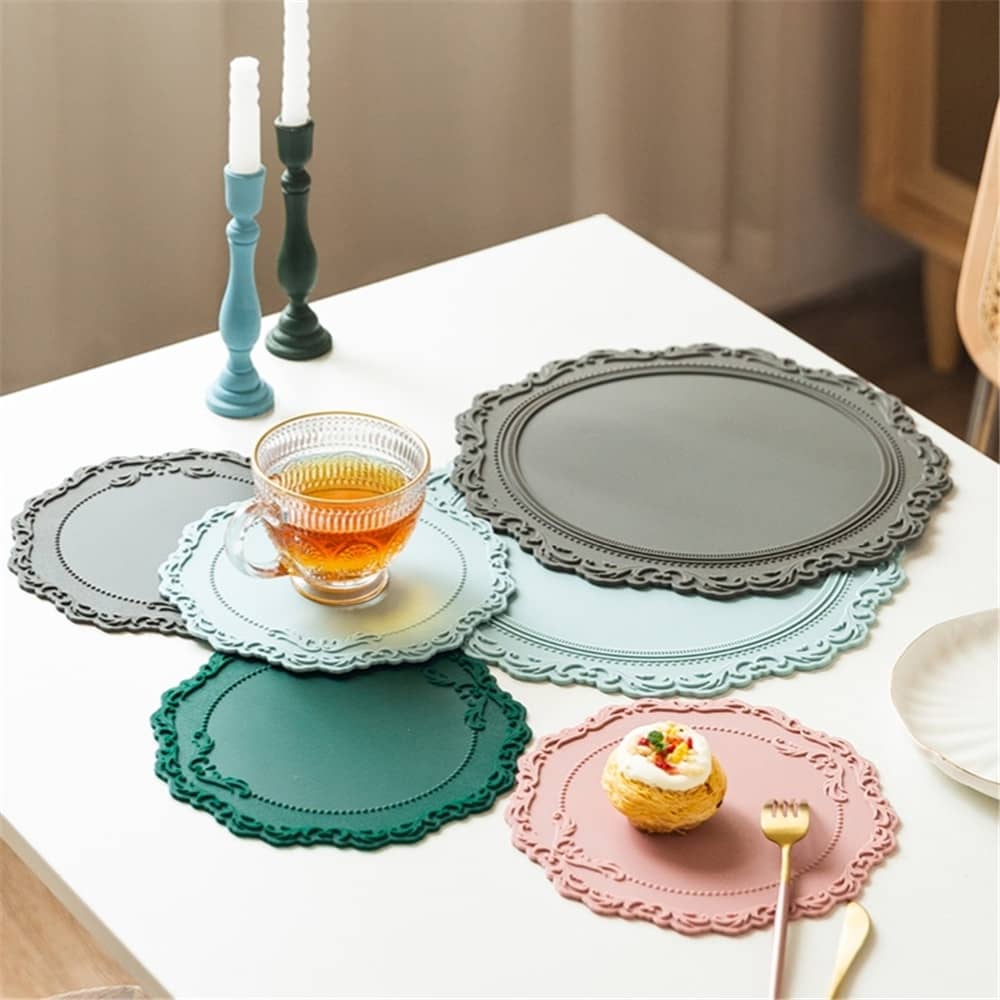 placemats coasters home table decoration european royal style silicon non slip assorted colors and sizes lifestyle picture with teacup and candles
