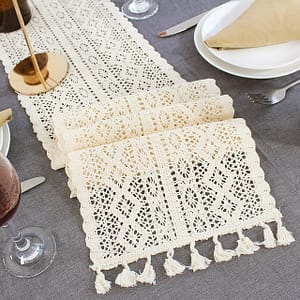 Beige crochet lace romantic table runner with tassel