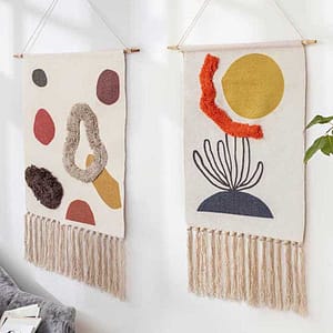 Cotton linen tapestry with sew on hand knot tassel lifestyle shot of both designs