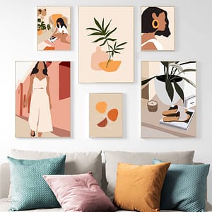 abstract fashion vintage girl wall decor art canvas collection lifestyle shot with sofa and cushion