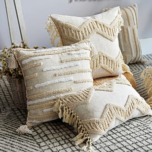square shape with white and beige lines zig zag cushion cover boho style lifestyle shot