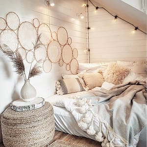 boho dreamcatcher ring wall hanging decoration living room decoration lifestyle shot of bedroom decoration with basket table and vase with dried flowers