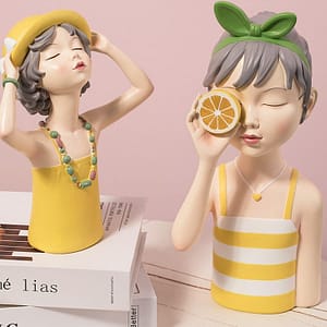 summer girls home display decoration white and yellow tank top with lemon and green ribbon and yellow hat girl with colorful necklace