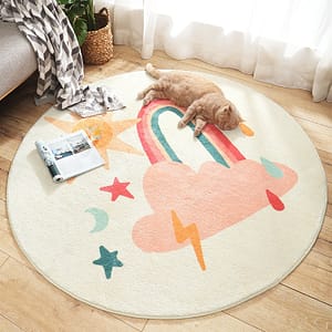 Round carpet cartoon pastel soft non slip rainbow with lighting and cat on top of the carpet