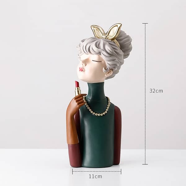 Girl in dark green sweater with lipstick home decor display statue