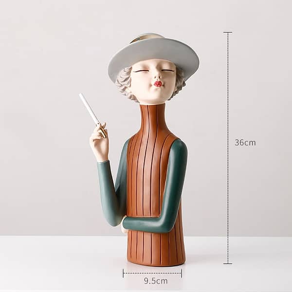 Girl in brown and green sweater smoking home decor display statue