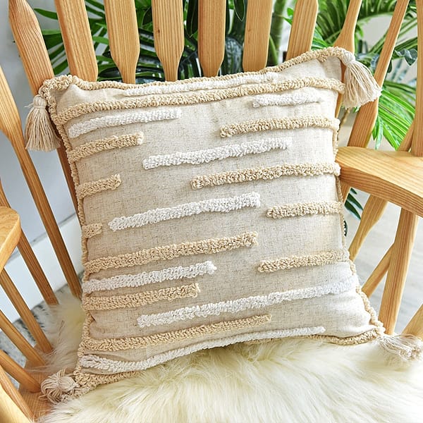 square shape with white and beige lines cushion cover boho style lifestyle shot