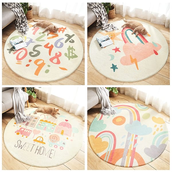 Round carpet cartoon pastel soft non slip numbers rainbows home sweet home with cars and buildings clouds and rain designs