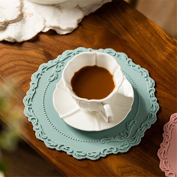 placemats coasters home table decoration european royal style silicon non slip blue coaster with tea and saucer on top lifestyle picture