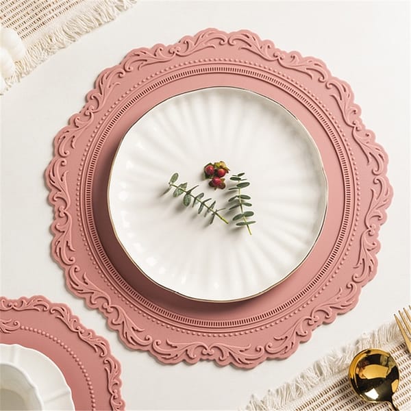 placemats coasters home table decoration european royal style silicon non slip pink placemat with pink plate on top lifestyle picture