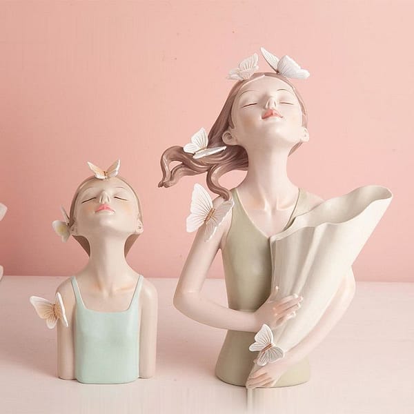home decor sculpture fairy fleur butterfly girl with butterfly and girl with empty planter pastel green series
